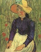 Vincent Van Gogh Young Peasant Woman with Straw Hat Sitting in the Wheat (nn04) France oil painting artist